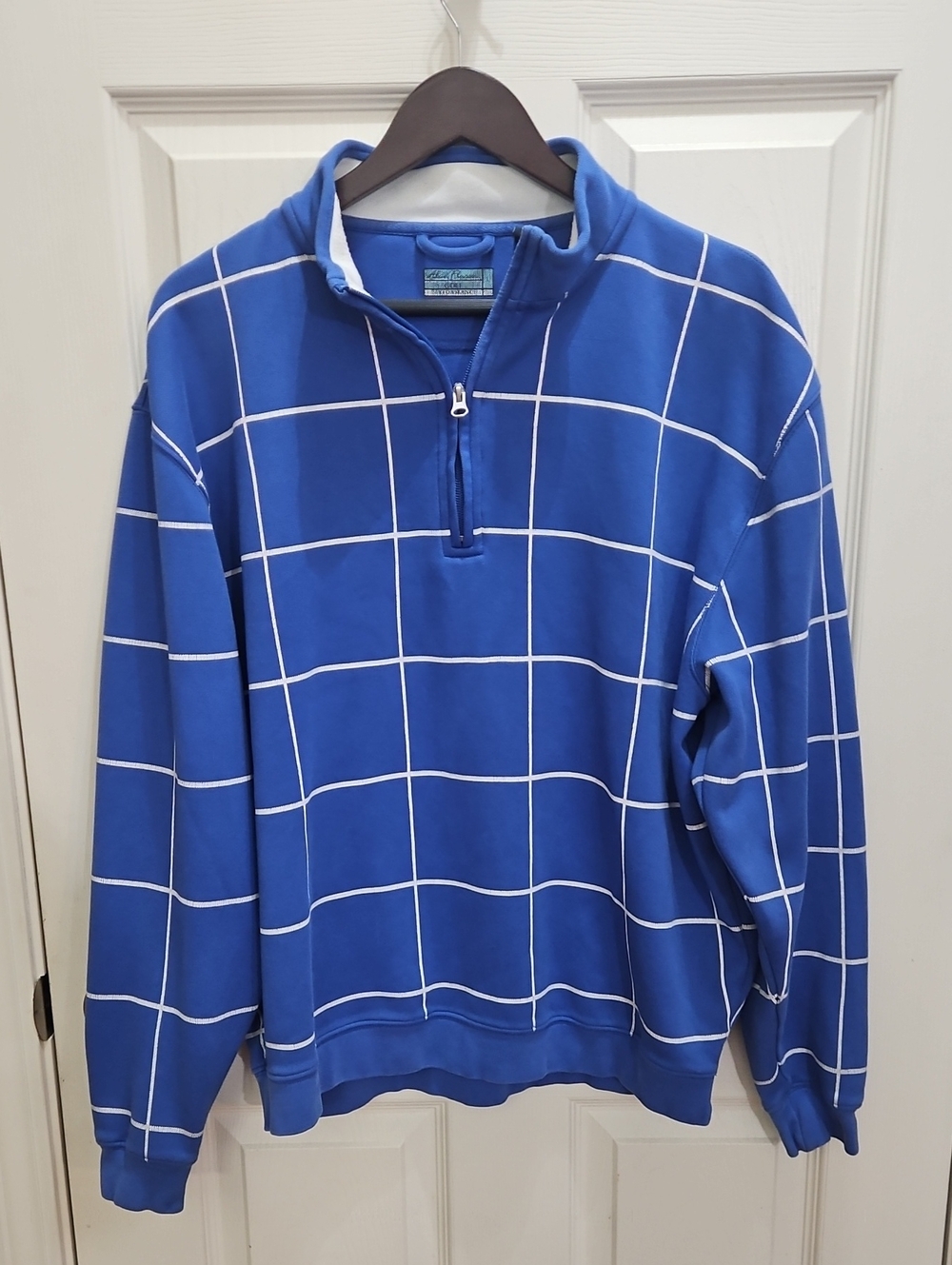 Alan Flusser Golf Blue Performance Windowpane Cotton Blend Quarter Zip Size Lg